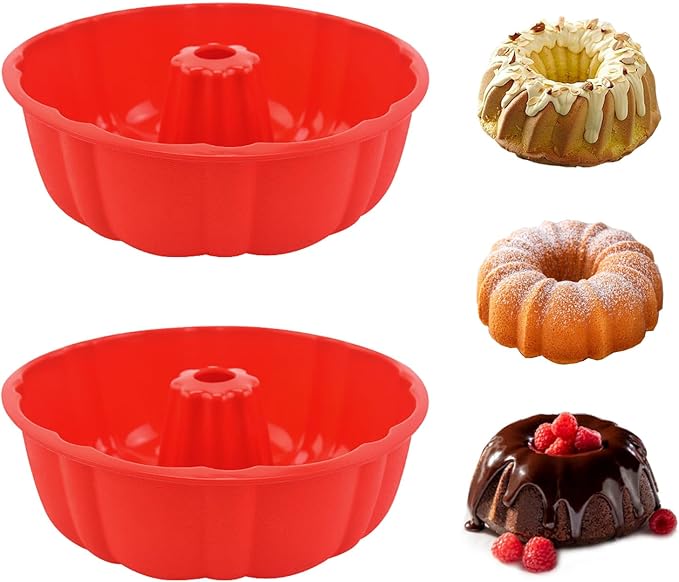 2 Pack Silicone Bundt Cake Pan Nonstick,10 Inch, Silicone Cake Molds,Pound Cake Pan, Baking for Jello,Gelatin,Cake,Brownie and Bread (Red+Red)
