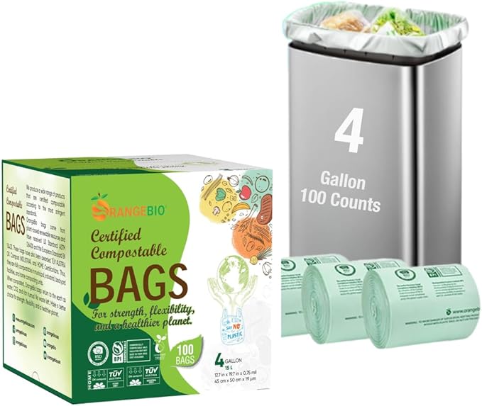 OrangeBio 4 Gallon Home Compostable Trash Bags, 100 Count, Food Grade, Plant-based, Biodegradable, Leak-proof, Tear-resistant, US BPI ASTM D6400 and OK Compost Home Certified