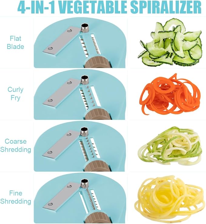 Vegetable Spiralizer 4-IN-1 Rotating Blade Veggie Spiralizer Zucchini Noodle Maker with Strong Suction Cup Spiral Vegetable Cutter Slicer - Blue