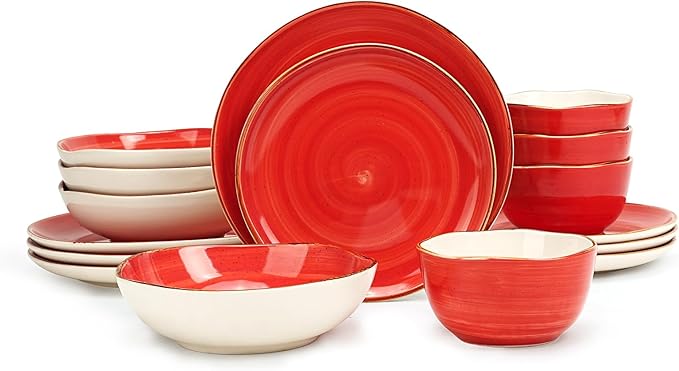 Highland 16-Piece Dinnerware Set Service for 4, Organic Shape Stoneware Plates and Bowls Set, Scratch Resistant, Microwave and Dishwasher Safe, Speckled Effect Handcrafted, Swirl Red