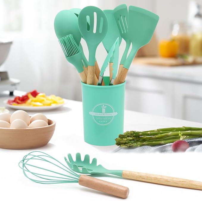 12-Piece Silicone Kitchen Utensils Set with Wooden Handle, Non-Stick & Heat Resistant Cooking Utensils (446°F), Includes Spatula, Spoon, Turner, Tongs, Whisk, Great for Home Cooks-Green