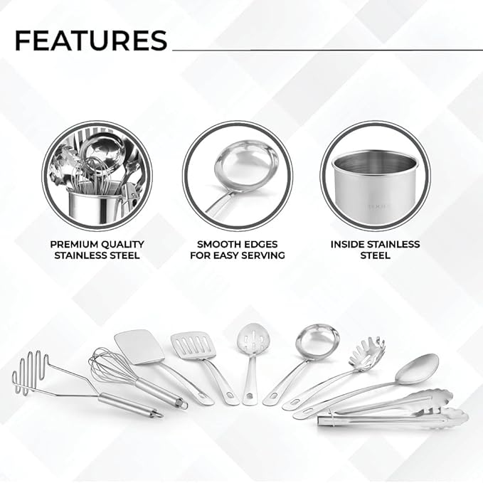 Avador® Premium Set of 10 Stainless Steel Kitchen Tool Set with Holder Easy To Clean, Space Saving, Great for Cooking, Baking, Prepping