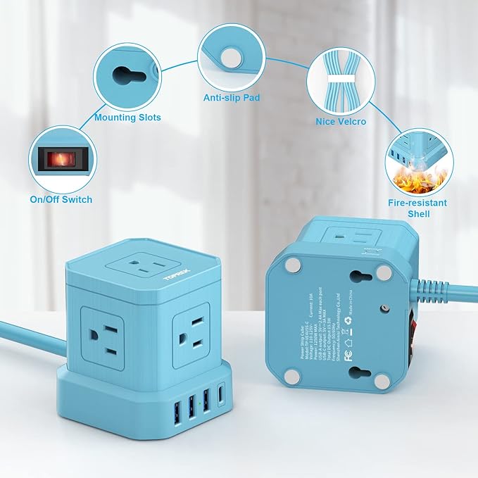 Power Strip with USB-C (3.0A), TOPREK Surge Protector (700J), TOPREK 10 FT Extension Cord with Flat Plug, 5 AC Outlets 4 USB, Desk Charging Station for Living Room, Nightstand, Office, Travel