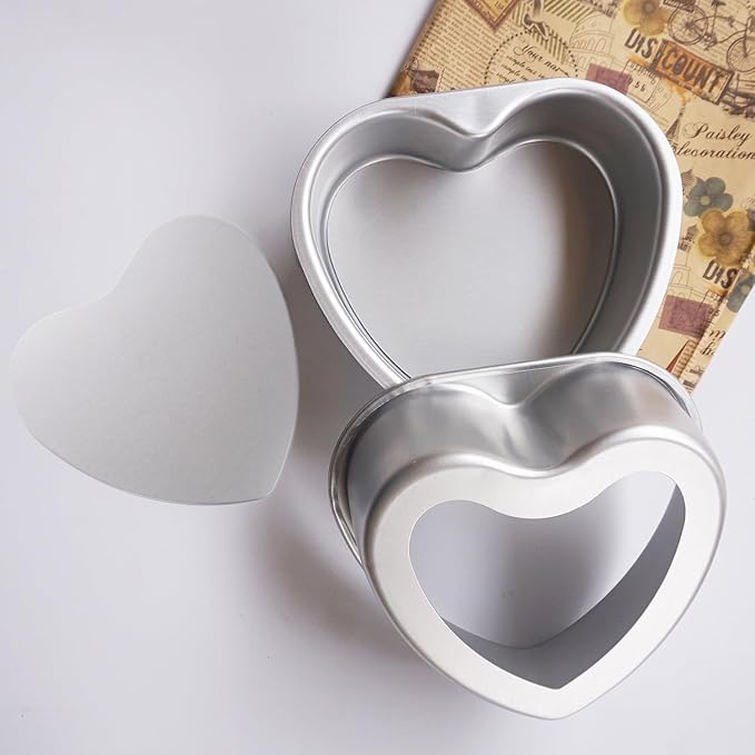 Heart Shaped Cake Pan Set - 2 PCS Aluminum Mold With Removable Bottom, Detachable Push Pan for Cheesecake, DIY Baking - 6 Inch