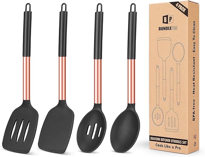 Pack of 4 Silicone Cooking Utensils Set, Non Stick Large Solid Spatulas, Heat Resistant Rose Gold Black Slotted Spoons, Ideal BPA Free Kitchen Turners for Frying, Mixing,Serving,Draining,Turning