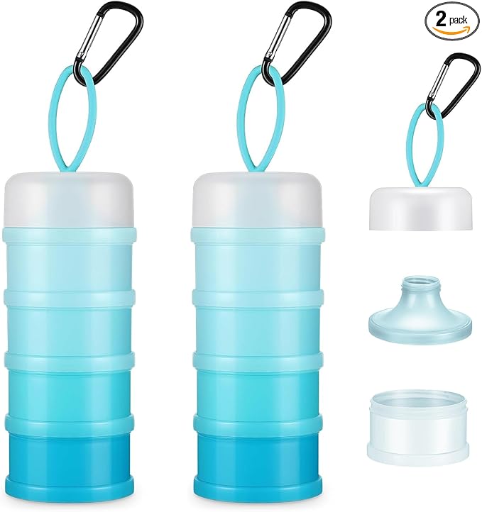 2 Pcs Protein Powder Container with Stackable Design, Portable Dispenser with Keychain, 4-Tier Leakproof Travel Powder Storage for Workout, Fitness, and Travel (Blue)