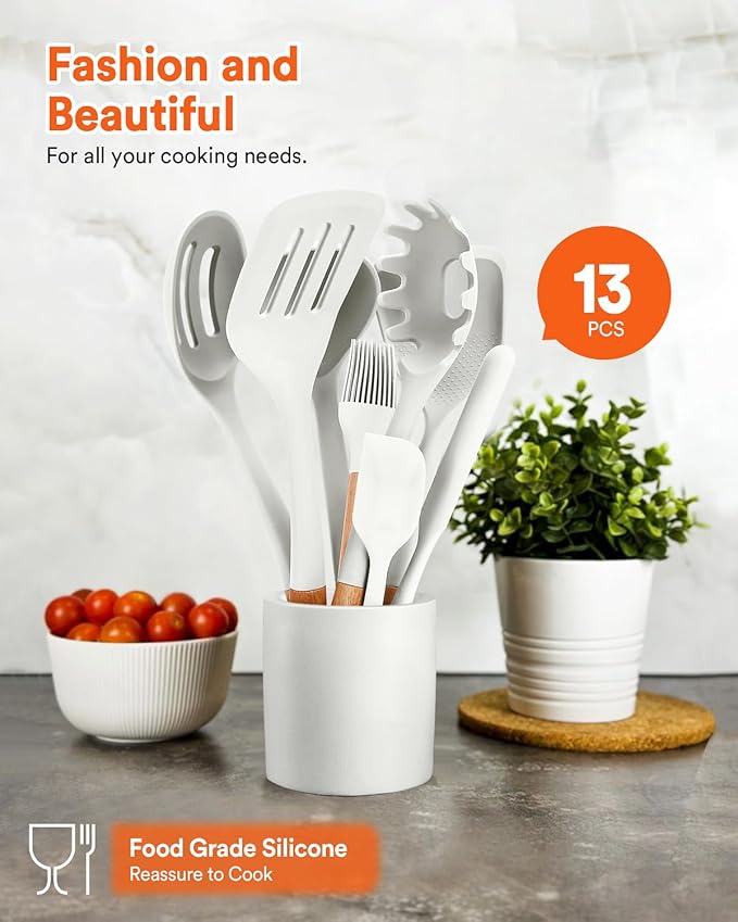 Kitchen Utensils Set, 13PCS Silicone Cooking Utensils, Heat Resistant Kitchen Utensil Spatula Set for Nonstick Cookware, Wooden Handles Kitchen Gadgets Tools Set