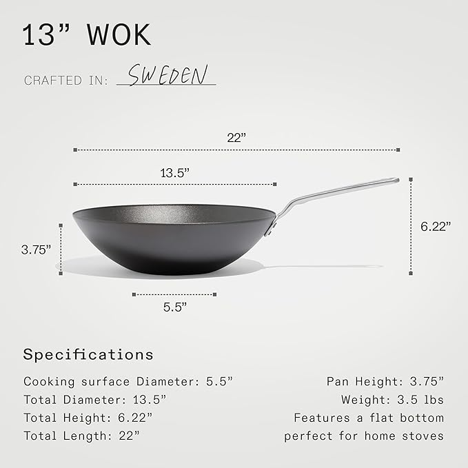 Made In Cookware - 13" Seasoned Carbon Steel Wok - (Like Cast Iron, but Better) - Professional Cookware - Crafted in Sweden - Induction Compatible