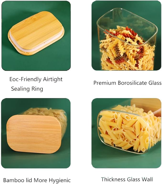 33OZ Airtight Glass Food Storage Containers with Lids - Set of 6 for Pantry, Cereal, Flour & Rice Dispensing - Rectangle Shapes with Bamboo Lids - Ideal for Kitchen Organization & Meal Prep