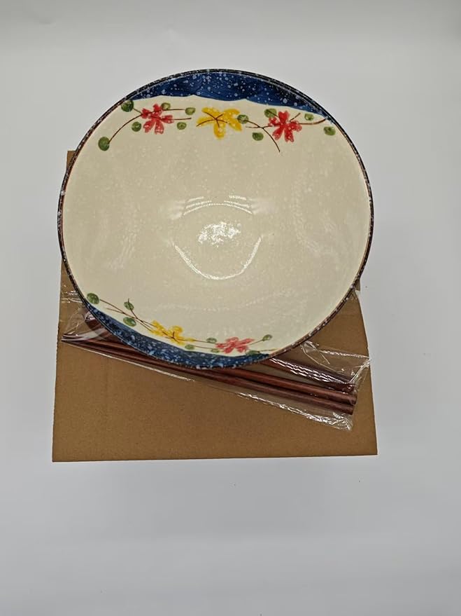 40 OZ ceramic ramen bowls, 8 IN large Japanese noodle soup bowl, match chopsticks and spoons, suitable for Pho, Udon Asian noodles (Colorful flowers)