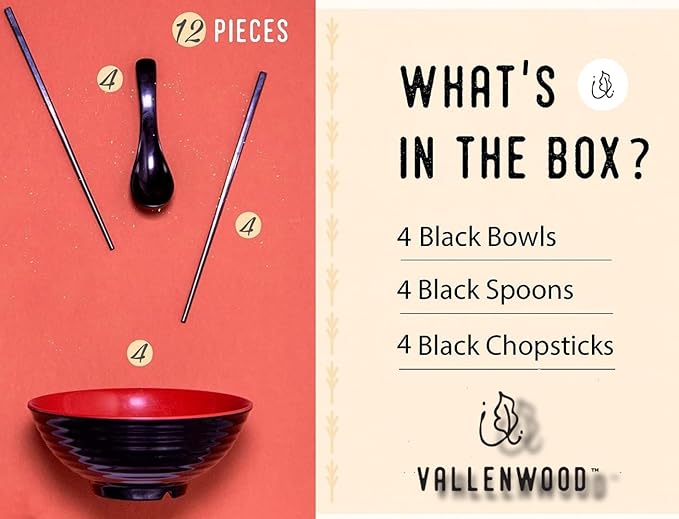 4 Ramen Bowls, 12 pieces Pho set. Red Black Ramen Bowl Set. Unbreakable Melamine. Asian Japanese soup. Spoons And Chopsticks kit. . XL 37 oz. Noodles, Rice, Udon, Thai, Chinese, Korean, Wonton, Miso