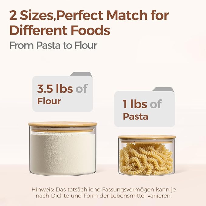 ComSaf Glass Food Storage Containers, 3.2Qt / 1.4Qt Glass Flour and Sugar Containers with Airtight Lids, 7.1'' Wide Mouth Large Glass Jars with Bamboo Lid for Rice, Pasta, Oats, Grains, Cookie, Candy