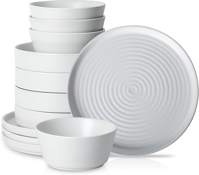Stone Lain Elica 12-Piece Modern Dinnerware Set Stoneware, Plates and Bowl Sets for 4, White