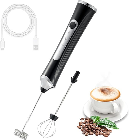 Handheld Electric Milk Frother with 2 Heads, Coffee Whisk Foam Mixer with USB Rechargeable 3 Speeds, Foam Maker Blender for Latte, Cappuccino, Hot Chocolate, Egg (Black)