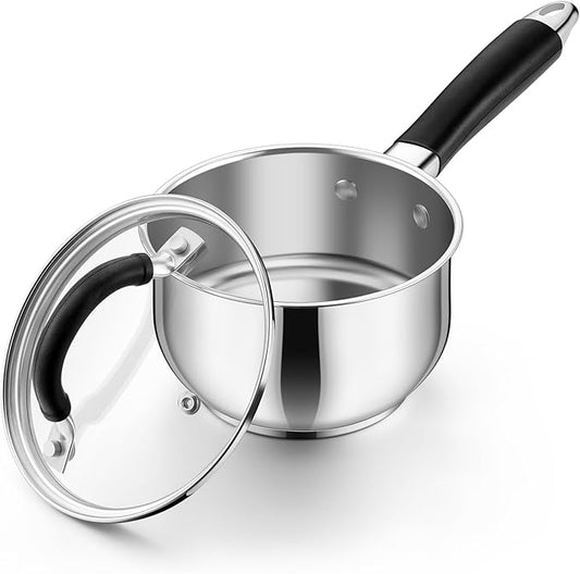 P&P CHEF 1 Quart Sauce Pan with Lid, Stainless Steel Saucepan, Small Milk Pot for Multipurpose Cooking, Visible Glass Lid & Stay-cool Silicone Handle & Tri-Ply Base, For All Stoves & Dishwasher Use