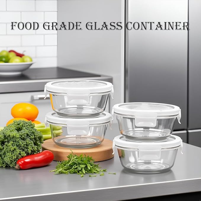 Small Round Glass Food Containers with lids, 12oz Round Food Storage Containers with Lid, 1.5 Cup Small Glass Food Containers with Lid BPA-Free, Microwave, Dishwasher, Freezer Safe (4 Pack)