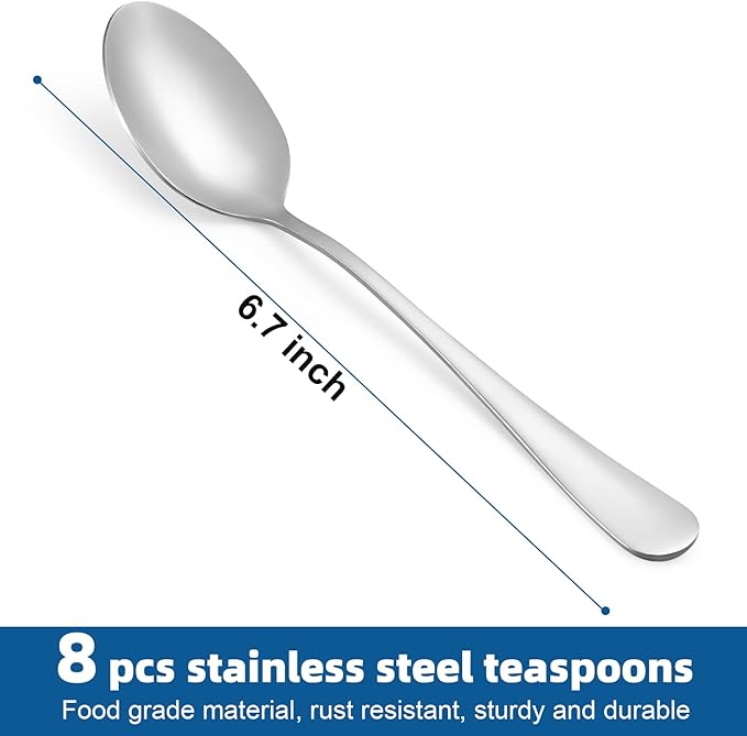 8 Pcs Teaspoons Set, Food-Grade Stainless Steel Spoons Silverware, Cutlery Tea Spoons, Durable Dessert Spoons, Metal Spoon for Home, Kitchen or Restaurant, Mirror Polished, Dishwasher Safe 6.7 Inch