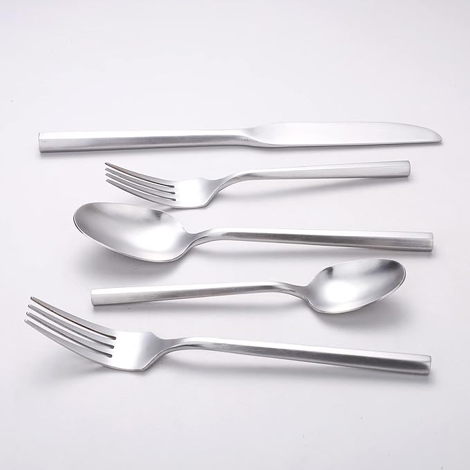 Matte Silverware Set Silver Flatware Set with Hexagon Handle 20 Pieces 18/0 Stainless Steel Cutlery Set Wedding Housewarming Gift Service for 4 (Matt silver)