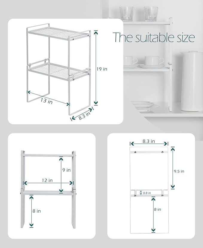 2pk Kitchen Cabinet Shelf Counter Organizer Rack Pantry Storage Bathroom Bedroom Office Table Desk Space Saving Steel Frame Stackable Rust Resistant Non Slip White-Tall- L13in W8.3in H9.5in