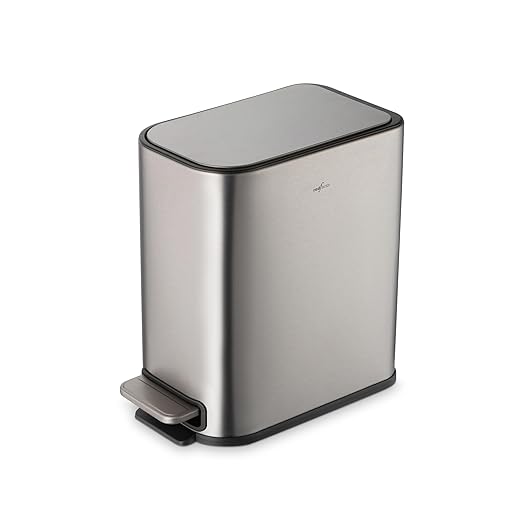 RED FACTOR Slim 1.3 Gallon Stainless Steel Pedal Trash Can with Soft Close Lid for Narrow Spaces – Small Wastebasket Bin with Removable Inner Bucket (Metallic Grey)