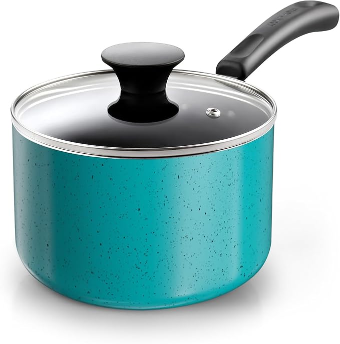 Cook N Home Non Stick Sauce Pan, 1 Quart Saucepan with Glass Lid, Nonstick Small Multi-purpose Pot, Milk Chocolate Aluminum Cooking Pot Pan with Stay-Cool Handle, Turquoise