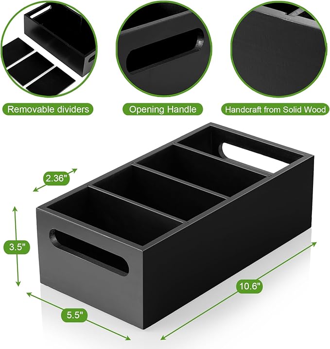 DRASTAR Pantry Organization and Storage Bins, Seasoning Packet Organizer with Removable Dividers,Wooden Storage Caddy for Kitchen, Pantry, Cabinet, Countertop, Black