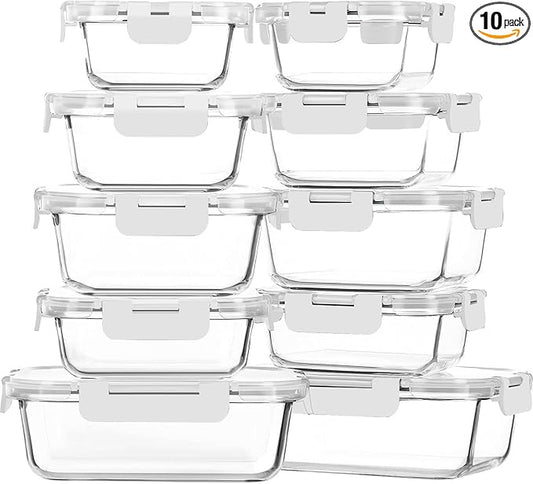 M MCIRCO 10-Pack Glass Food Storage Container with Lids, Airtight Lunch Bento Boxes, Glass Meal Prep Container,Microwave, Oven, Freezer and Dishwasher Friendly, White