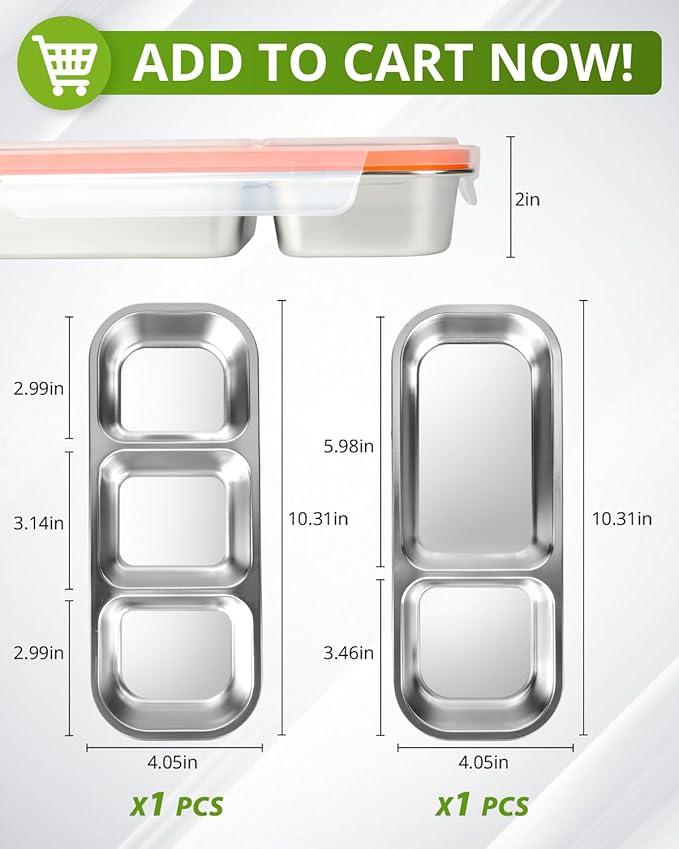 2-Pack Food-Grade Stainless Steel Snack Containers, Multi-Compartment & Leakproof, Ideal for Families & Travel, Stackable, Kid & Adult Bento Storage (2 Pack)