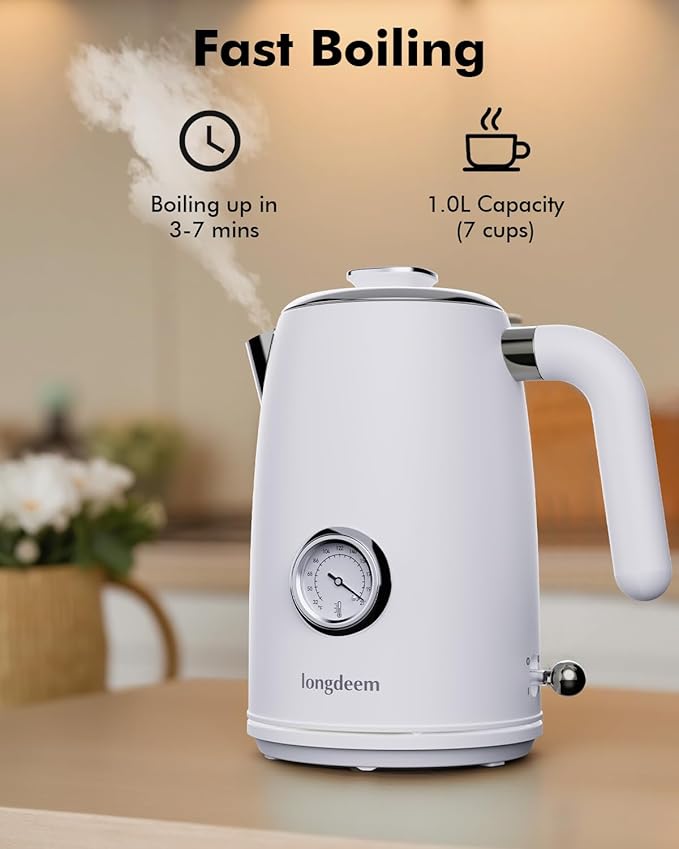 LONGDEEM 1L Small Electric Kettles Stainless Steel, Portable Travel Mini Hot Water Boiler Heater, Cool Touch Teapot, Auto Shut-Off & Boil-Dry Protection for Cooking, Business Trip and More, White