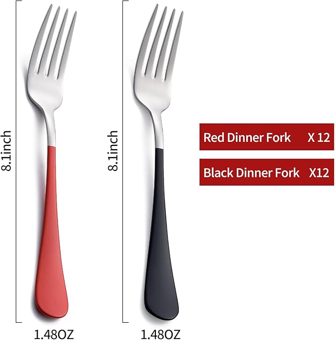 Red and Black Dinne Forks Set 24 Piece,Red and Black Handle Silverware Forks 18/0 Stainless Steel Flatware Bulk Forks,8.1-inch Dessert Forks Sets Table Forks Set of 24, Dishwasher Safe