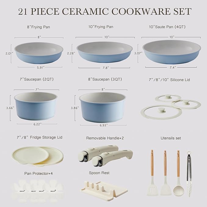 Pots and Pans Set Healthy Non toxic Non Stick Ceramic Cookware Set 21 Pcs Detachable Handles, Oven Safe, Induction Dishwasher, Stackable Frying Pan (PFOS, PFOA Free),Blue