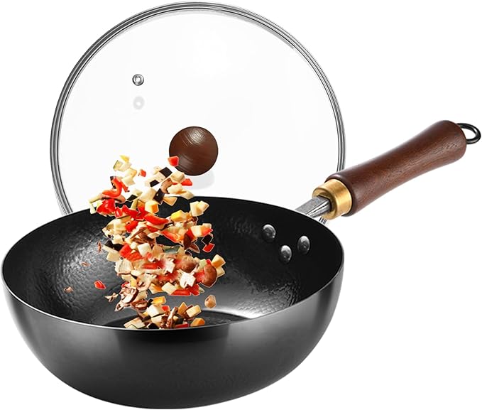 Carbon Steel Wok Pan, 10.2" Woks & Stir-Fry Pans with Glass Lid Cookwares, Nonstick Wok Flat Bottom Small Handmade Chinese Wok For for All Stoves