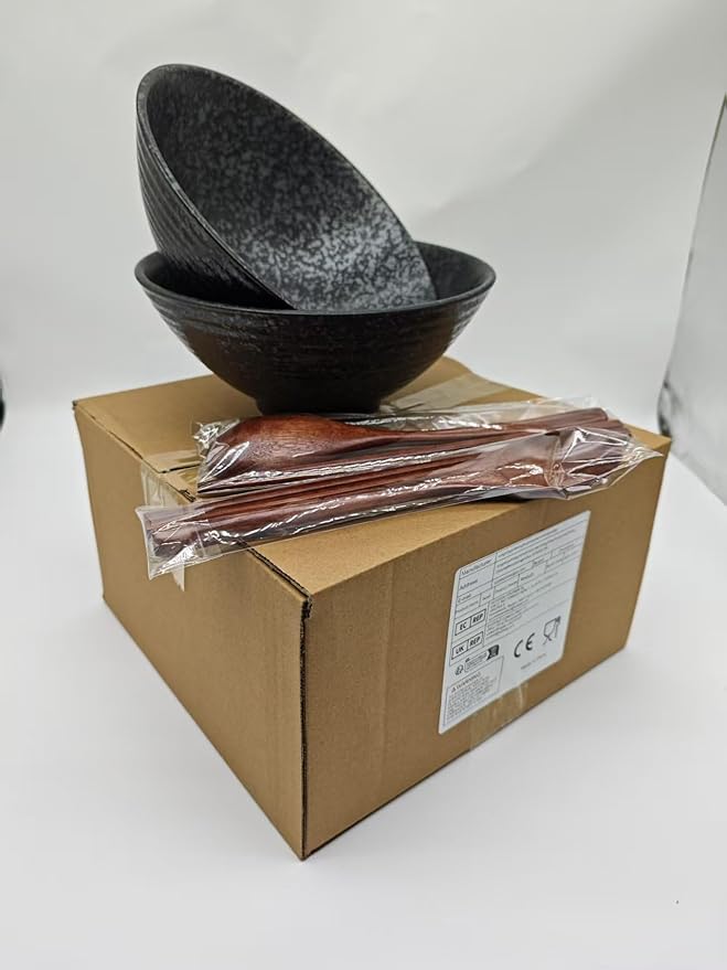 2 x 40 OZ ceramic ramen bowls, 8 IN large Japanese noodle soup bowl, match chopsticks and spoons, suitable for Pho, Udon Asian noodles (Black color 2 set)