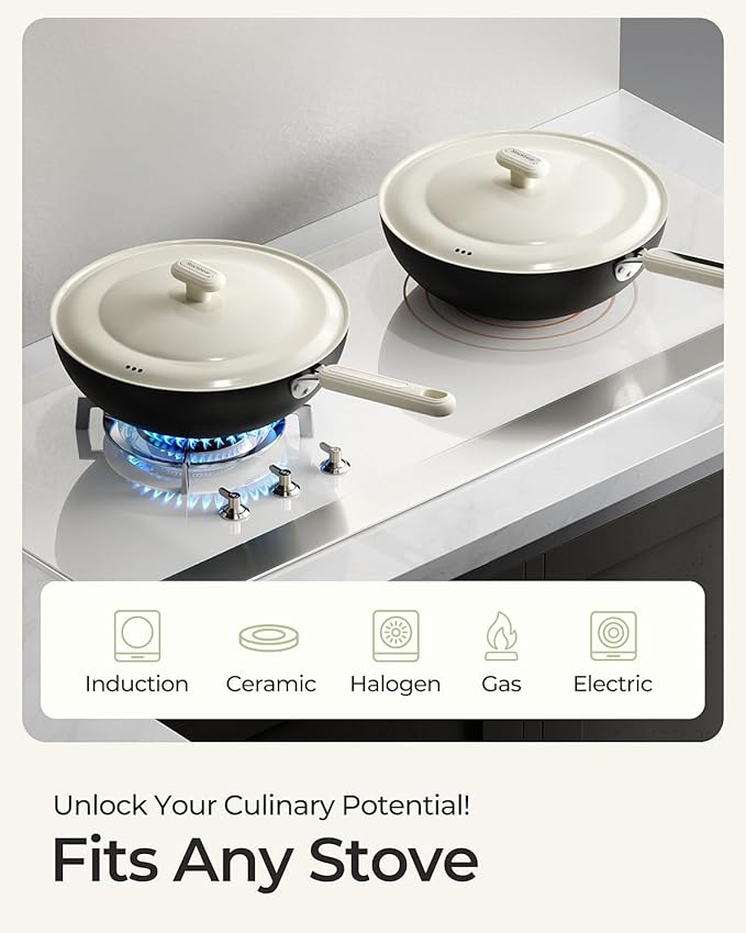 Carbon Steel Wok Pan - 11.8 Inch Pre-Seasoned Flat Bottom Chinese Woks & Stir Fry Pans with Lid, Lightweight Kitchen Cookware for All Stovetops, Gas, Electric, Gift Set for Women/Mom