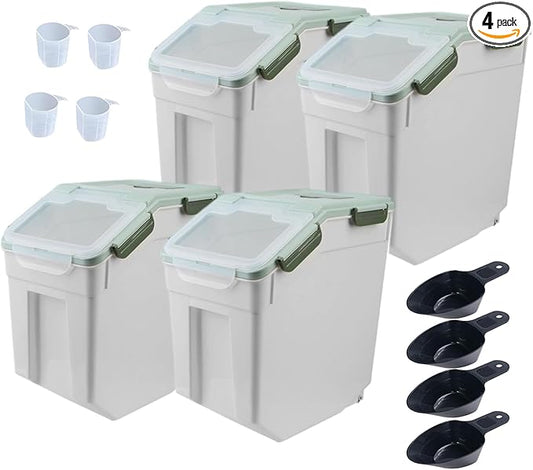Large Flour Storage Container Bin 25lb, 4Pack Airtight Rice Storage Containers with Wheels Seal Locking Lid, BPA Free with Measuring Cup&Scoop for Flour, Rice, Grain(Green)