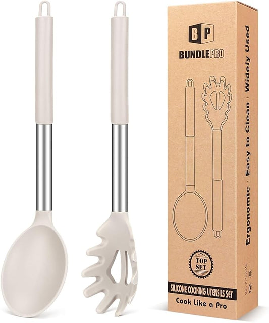 Silicone Pasta Fork and Cooking Spoon Set, Non Stick Kitchen Utensils for Cooking,Stirring,Serving Spaghetti, Soup, Sauce (KHAKI)