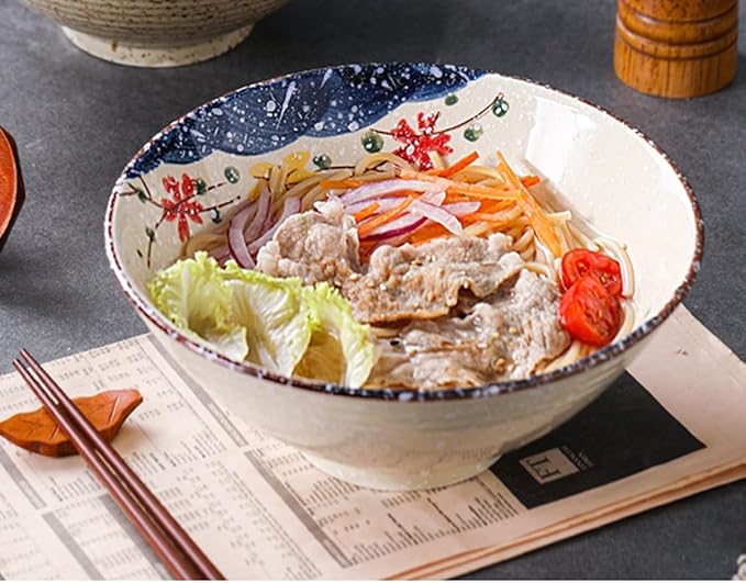 40 OZ ceramic ramen bowls, 8 IN large Japanese noodle soup bowl, match chopsticks and spoons, suitable for Pho, Udon Asian noodles (Colorful flowers)