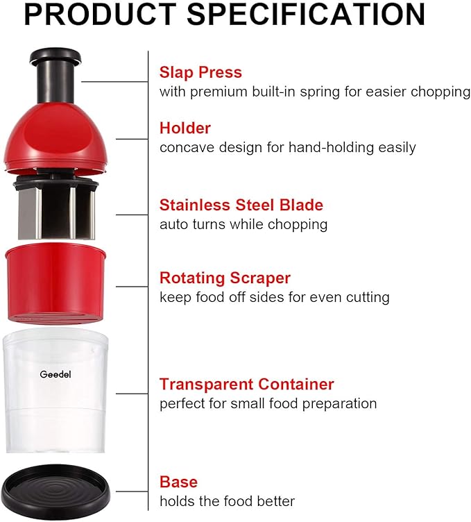 Geedel Food Chopper, Easy to Clean Manual Hand Vegetable Chopper Dicer, Dishwasher Safe Slap Onion Chopper for Veggies Onions Garlic Nuts Salads Red