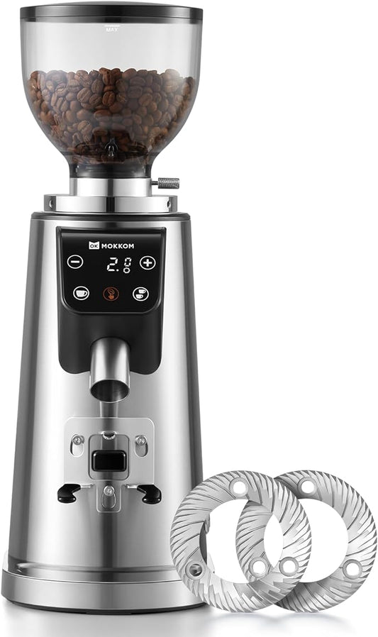MOKKOM Professional 64mm Flat Burr Coffee Grinder with 100 Grind Settings, All-Metal Stainless Steel Body, Coffee Bean Grinder with Adjustable Electronic Timer, Anti-Static, LED Display