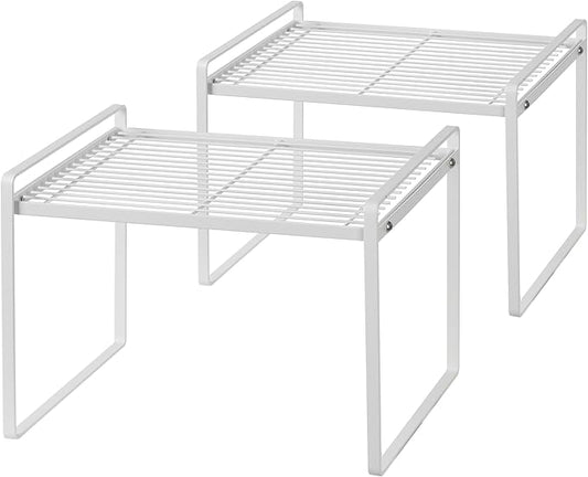2Pack Kitchen Cabinet Shelf Counter Organizer Rack Pantry Storage Bathroom Bedroom Office Table Desk Space Saving Stackable Rust Resistant Non Slip White Tall Wide L13.1in W10.6in H9.5in