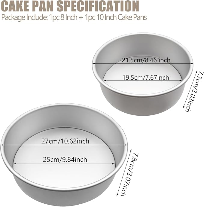 Aluminum Round Cake Pans, 2pcs Nonstick Baking Pan with Removable Bottom 8/10 Inches Cheese Cake Mold Straight Edge for Wedding Birthday Anniversary or Party Event
