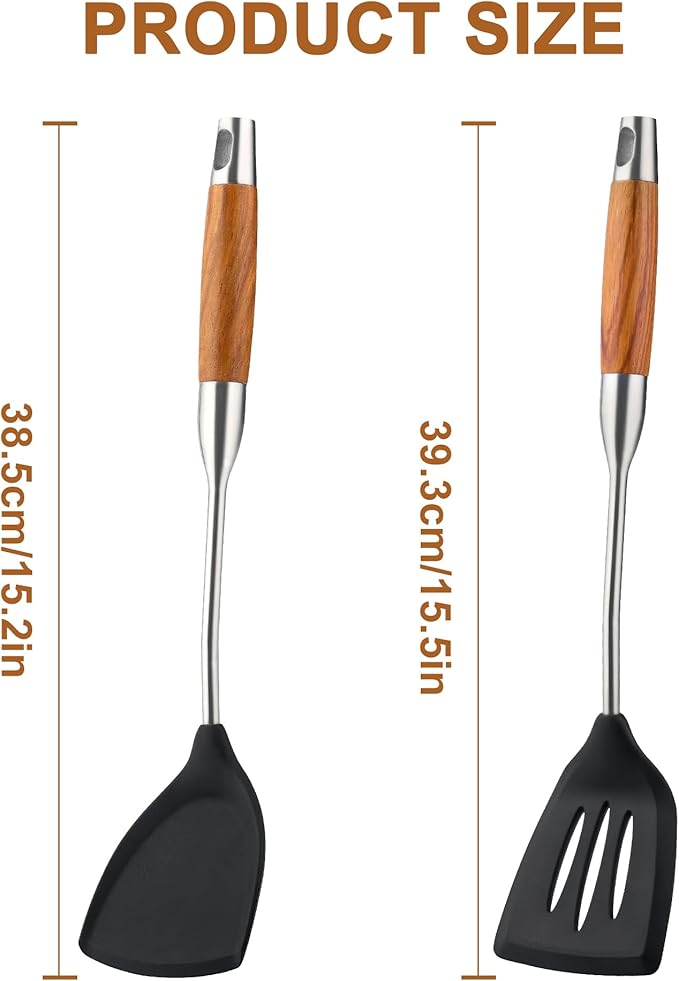 FJNATINH Silicone Spatulas and Turner Set - Non Stick Turners, Stainless Steel Coated with Silicone Cooking Utensils Set with Wooden Handle, Heat Resistant Spatulas for Fish, Eggs, Pancakes,2PCS
