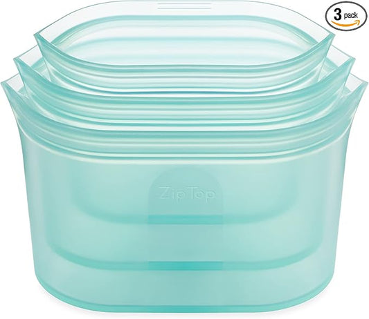 Zip Top Reusable Food Storage Bags | 3 Dish Set [Teal] | Silicone Meal Prep Container | Microwave, Dishwasher and Freezer Safe | Made in the USA