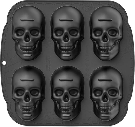 Halloween Skull Silicone Molds for Baking, 6 Cavities 3D Skull Baking Pan for Cake Chocolate, Skeleton Mold for Pizza Ice Wax Melt Jelly Resin (Black)