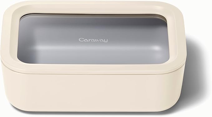 Caraway Glass Food Storage, 6.6 Cup Glass Container,Ceramic Coated Food Container,Easy to Store, Non Toxic, Non Stick Lunch Box Container with Glass Lids. Dishwasher, Oven,Square Shape,Cream