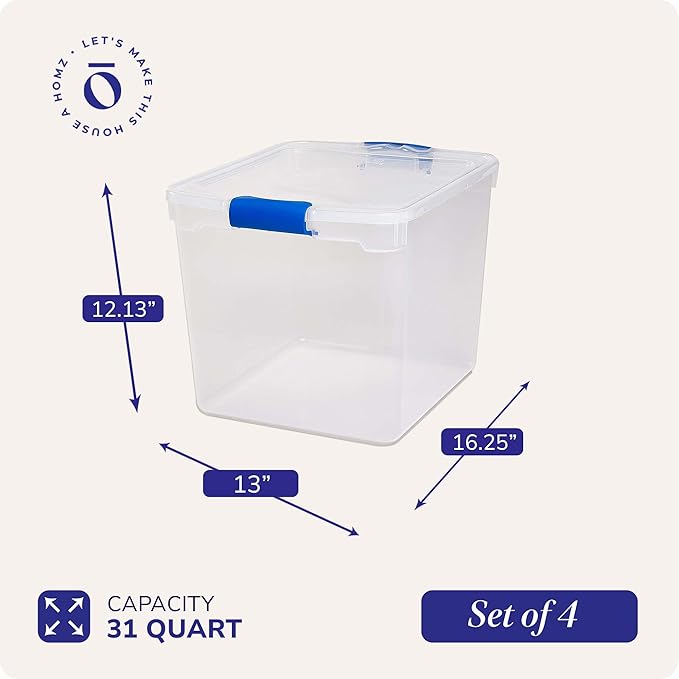 HOMZ 4-Pack Latching Lid, Large Clear Plastic Storage Bins with Lids, 31 Quart, Blue Latch - Stackable Container Boxes for Home, Bathroom, and Office Organization