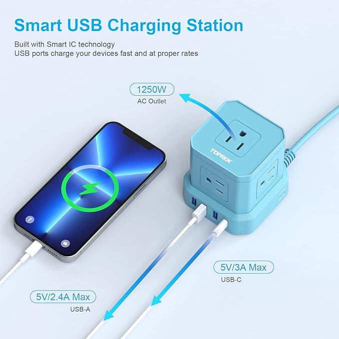 Power Strip with USB-C (3.0A), TOPREK Surge Protector (700J), TOPREK 10 FT Extension Cord with Flat Plug, 5 AC Outlets 4 USB, Desk Charging Station for Living Room, Nightstand, Office, Travel