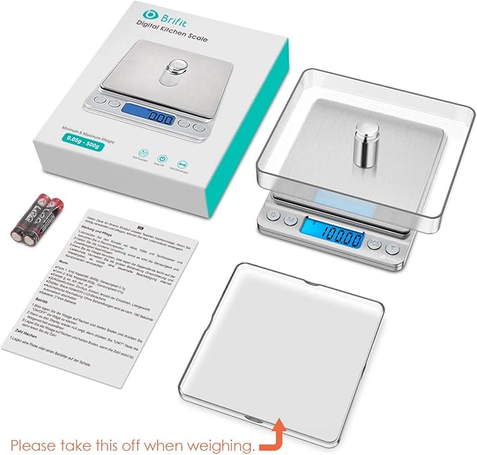 (New) AMIR Digital Kitchen Scale, 500g/ 0.01g Mini Pocket Jewelry Scale, 100g Calibration Weight, Cooking Food Scale, Back-Lit LCD Display, 2 Trays, 6 Units, Auto Off, Tare, PCS, Stainless Steel