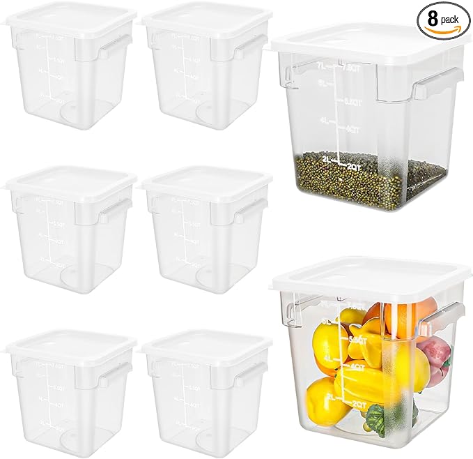 Lallisa 8 Pack 8 Qt Clear Food Storage Container with Handles and Lid Commercial Grade Square Food Storage Containers Polycarbonate Air Tight box for Home Kitchen Restaurant (White)