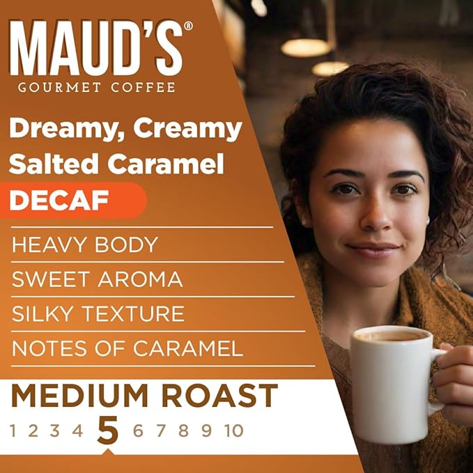 Maud's Decaf Salted Caramel Flavored Coffee Pods, 18 ct, Decaffeinated Medium Roast Flavored Coffee in Recyclable Single Serve Pods – 100% Arabica Beans, Compatible with Keurig K Cups Maker